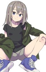 Rule 34 | 1girl, aki poi, black shirt, blue eyes, blue footwear, brown hair, brown shorts, closed mouth, collarbone, commentary request, green jacket, hair between eyes, hair ornament, hairclip, highres, jacket, knees up, long hair, long sleeves, looking at viewer, no socks, off shoulder, open clothes, open jacket, original, shirt, shoes, short shorts, short sleeves, shorts, simple background, sitting, smile, solo, spread legs, white background