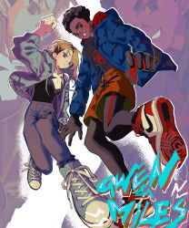 1boy 1girl black_bodysuit black_hair blonde_hair blue_eyes blue_jacket bodysuit brown_eyes character_name commentary_request dark-skinned_male dark_skin gwen_stacy highres jacket long_hair looking_at_viewer marvel miles_morales shoes short_hair shorts sneakers spider-man:_across_the_spider-verse spider-man_(miles_morales) spider-man_(series) spider-verse superhero_costume tami_tome_mo very_short_hair zoom_layer