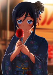 Rule 34 | 1girl, aragaki ayase, black hair, blue eyes, candy apple, food, hair bun, japanese clothes, kama iruka, kimono, long hair, ore no imouto ga konna ni kawaii wake ga nai, single hair bun, solo, yukata