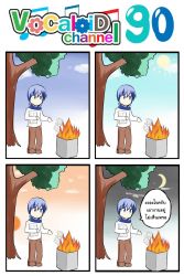 Rule 34 | 1boy, 4koma, blue eyes, blue hair, burning, catstudioinc (punepuni), comic, fire, highres, kaito (vocaloid), left-to-right manga, male focus, matching hair/eyes, moon, morning, night, papers, scarf, solo, sunset, text focus, thai text, translation request, tree, vocaloid
