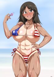 Rule 34 | 1girl, abs, absurdres, american flag bikini, american flag print, bikini, blush, breasts, brown eyes, brown hair, cleavage, condom, covered erect nipples, flag print, girls und panzer, hand on own hip, highres, holding, holding condom, large breasts, looking at viewer, murakami (girls und panzer), muscular, muscular female, open mouth, print bikini, solo, swimsuit, tan, tanline, tavor (m tavor)