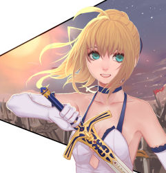 Rule 34 | 1girl, ahoge, artoria pendragon (all), artoria pendragon (fate), bad id, bad pixiv id, blonde hair, bow, caliburn (fate), elbow gloves, fate/stay night, fate (series), gloves, gradient background, green eyes, hair bow, mizu (dl7613), official alternate costume, ponytail, saber (fate), saber (pure night dress) (fate), simple background, sky, solo, sword, weapon