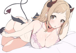 Rule 34 | 1girl, :o, absurdres, ass, bed sheet, black choker, blush, blush stickers, bra, breasts, brown hair, choker, cleavage, collarbone, commentary, convenient arm, convenient censoring, demon girl, demon horns, demon tail, demon wings, dorontabi, fang, gloves, half gloves, hand on own head, highres, horns, idolmaster, idolmaster shiny colors, large breasts, lingerie, looking at viewer, lying, panties, panty pull, pink bra, pulling own clothes, sakuragi mano, simple background, solo, sweatdrop, tail, twisted torso, underwear, underwear only, undressing, white background, wings