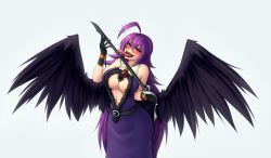 Rule 34 | 1girl, ahoge, bare shoulders, belt, black gloves, black wings, blush, bracelet, breasts, center opening, dress, gloves, heart, heart-shaped pupils, jewelry, licking, licking blade, licking weapon, long hair, long tongue, looking at viewer, monorus, original, purple dress, purple hair, red eyes, saliva, sharp teeth, simple background, sleeveless, sleeveless dress, solo, sweat, sword, symbol-shaped pupils, teeth, tongue, tongue out, very long hair, weapon, white background, wings
