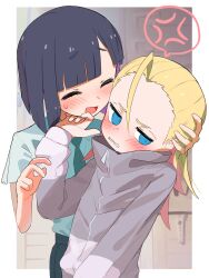 Rule 34 | ahoge, anger vein, averting eyes, black hair, blonde hair, blue eyes, blush, bob cut, closed eyes, closed jacket, colored inner hair, commentary, do it yourself!!, dot nose, embarrassed, green necktie, grey jacket, hand on another&#039;s face, highres, holding another&#039;s head, huge ahoge, indoors, jacket, juliet queen elizabeth viii, leaning back, looking down, multicolored hair, necktie, open mouth, parted bangs, purple hair, saku p, school uniform, spoken anger vein, suride miku, sweatdrop, yuri