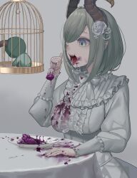 Rule 34 | 1girl, absurdres, birdcage, blood, blood on clothes, blood on face, blue eyes, bob cut, bow, bowtie, breasts, brown horns, cage, cannibalism, center frills, cowboy shot, curled horns, demon girl, demon horns, dress, eating, eyepatch, flower, fork, frilled dress, frilled sleeves, frills, futayamam2, grey background, guro, hair flower, hair ornament, heart, heart (organ), highres, holding, holding fork, horns, large breasts, lolita fashion, medium bangs, nanashi inc., open mouth, pointy ears, purple blood, rose, sekishiro mico, short hair, solo, table, tablecloth, virtual youtuber, white bow, white bowtie, white dress, white flower, white rose