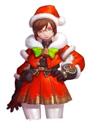 Rule 34 | 1girl, alternate costume, bad id, bad twitter id, bell, belt, belt pouch, bow, bowtie, brown eyes, brown hair, capelet, christmas, closed mouth, cowboy shot, dress, elbow gloves, fur-trimmed gloves, fur gloves, fur trim, glasses, gloves, green bow, green bowtie, hand on own hip, hat, long sleeves, looking at viewer, matching hair/eyes, mei (overwatch), nose, overwatch, overwatch 1, pants, pantyhose, pimo (pinkmojitodiary), pink lips, pleated skirt, pom pom (clothes), pouch, red-framed eyewear, red hat, red skirt, santa costume, santa hat, short hair, sidelocks, simple background, skirt, skirt set, solo, swept bangs, white background, white pants, white pantyhose