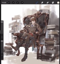 Rule 34 | 1boy, black gloves, black hair, blue necktie, book, book stack, boots, chair, closed mouth, code vein, crossed legs, gloves, hair over one eye, loladestiny, male focus, necktie, open book, red eyes, resting, sitting, sketch, solo