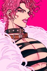 Rule 34 | 1boy, clothing cutout, collar, commentary, dio brando, earrings, feather boa, hair ornament, highres, jewelry, jojo no kimyou na bouken, large pectorals, long hair, male focus, muscular, muscular male, parted lips, pectorals, pink background, pink hair, pink lips, pink theme, shenshan laolin, simple background, solo, spiked collar, spikes, symbol-only commentary, upper body