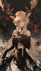 Rule 34 | 1girl, animal ears, antlers, arknights, black dress, black gloves, blonde hair, blue eyes, blush, breasts, candlestand, chinese commentary, closed mouth, commentary request, corset, cowboy shot, dark background, deer antlers, deer ears, deer girl, dress, elbow gloves, flower, gloves, gradient background, hair between eyes, hair ornament, highres, holding, horns, long hair, looking at viewer, medium breasts, red flower, red rose, rose, signature, sleeveless, sleeveless dress, smile, smoke, solo, tassel, thigh gap, underbust, very long hair, viviana (arknights), x hair ornament