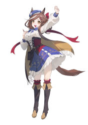 Rule 34 | 1girl, absurdres, animal ears, arm up, belt, belt pouch, blue bow, blue bowtie, blue hat, blue skirt, boots, bow, bowtie, breasts, brown eyes, brown footwear, brown jacket, buttons, cabbie hat, center frills, corset, ears through headwear, frills, hair ornament, hairclip, hand on own chest, hat, highres, horse ears, horse girl, horse tail, jacket, long hair, looking at viewer, matikane tannhauser (umamusume), medium breasts, mooofoo, multicolored hair, open mouth, pouch, puffy short sleeves, puffy sleeves, shirt, short sleeves, simple background, skirt, sleeveless, sleeveless jacket, smile, solo, streaked hair, tail, umamusume, white background, white shirt
