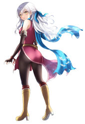 1girl absurdres ass bare_shoulders black_gloves black_leggings blue_scarf boots dress elbow_gloves fingerless_gloves fire_emblem fire_emblem:_radiant_dawn gloves grey_hair hair_ribbon half_updo highres leggings long_hair looking_at_viewer looking_back micaiah_(fire_emblem) nintendo ribbon scarf side_slit sleeveless sleeveless_dress solo white_background yellow_eyes yozu_(yozu0420)