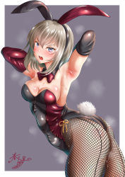 Rule 34 | 10s, 1girl, angry, animal ears, armpits, ass, blue eyes, blush, breasts, fake animal ears, fishnet pantyhose, fishnets, girls und panzer, highres, itsumi erika, kasugano tobari, large breasts, leotard, looking at viewer, open mouth, pantyhose, playboy bunny, rabbit ears, rabbit girl, simple background, smell, solo, thighs, white hair