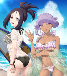 Rule 34 | 2girls, alternate costume, ass, bikini, black bikini, black hair, bracelet, breasts, brown eyes, cleavage, cloud, collarbone, commentary request, cowboy shot, creatures (company), cross scar, dark-skinned female, dark skin, day, dendra (pokemon), earrings, eyelashes, game freak, hand up, highres, jewelry, looking at viewer, medium breasts, min (myna8247), multiple girls, navel, nintendo, open mouth, outdoors, pokemon, pokemon sv, purple hair, sand, scar, scar on face, scar on forehead, shirt, shore, signature, sky, smile, standing, surfboard, swimsuit, tulip (pokemon), water, wet, wet clothes, wet shirt