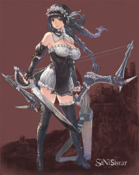 Rule 34 | 1girl, arrow (projectile), bare shoulders, black footwear, black gloves, boots, bow (weapon), braid, castle, covered navel, detached collar, dual wielding, fingerless gloves, frilled boots, frills, gloves, holding, holding bow (weapon), holding sword, holding weapon, house, iwauchi tomoki, long hair, mountain, orange eyes, outdoors, quiver, rabiane (sinisistar), red background, sinisistar, solo, standing, sword, thighhighs, weapon