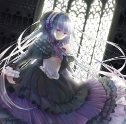 Rule 34 | 1girl, bad id, bad pixiv id, building, chito04, corset, dress, expressionless, frills, gothic lolita, hairband, highres, lolita fashion, long hair, original, red eyes, silver hair, solo, sunlight, very long hair, window
