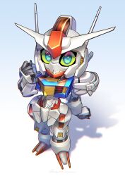 Rule 34 | absurdres, blue eyes, chibi, clenched hands, commentary, full body, gradient background, gundam, gundam aerial, gundam suisei no majo, hand up, highres, kinako (karasu nomaru), looking at viewer, mecha, mobile suit, no humans, robot, science fiction, sd gundam, shadow, solo, standing, star (symbol), stippling (texture), twitter username, v-fin