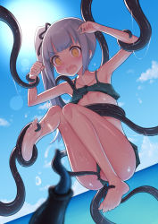 Rule 34 | 1girl, barefoot, between toes, bikini, blue sky, blush, breasts, cleft of venus, cloud, commentary request, day, feet, green bikini, grey hair, highres, holding another&#039;s foot, kantai collection, kasumi (kancolle), long hair, nipples, nishikasai munieru, ocean, open mouth, pussy, revision, side ponytail, sky, small breasts, soles, solo, sun, swimsuit, tentacles, toes, yellow eyes