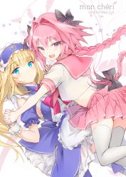 Rule 34 | 1boy, 1other, androgynous, apron, astolfo (fate), astolfo (sailor paladin) (fate), bare shoulders, black bow, black ribbon, blonde hair, blue dress, blue eyes, blush, bow, braid, chevalier d&#039;eon (fate), commentary request, dress, fate/grand order, fate/stay night, fate (series), flower, hair intakes, hair ribbon, highres, hisagiyuu, holding hands, interlocked fingers, long hair, looking at viewer, male focus, official alternate costume, open mouth, pink hair, pink ribbon, pink shirt, pink skirt, purple eyes, ribbon, school uniform, serafuku, shirt, short sleeves, single braid, skirt, smile, thighhighs, trap, white apron, white flower, white legwear, white shirt