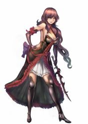 Rule 34 | 1girl, ankoku broccoli, black dress, boots, brown hair, center frills, contrapposto, dress, elbow gloves, frills, gloves, hair between eyes, hair over shoulder, halterneck, hand on own hip, high heels, highres, holding, holding sword, holding weapon, long hair, mole, mole under eye, original, parted lips, simple background, skirt, solo, standing, sword, thigh boots, thighhighs, very long hair, weapon, white background, white skirt