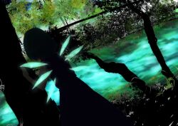 Rule 34 | 1girl, arm support, backlighting, blue hair, blurry, cirno, dark, depth of field, dutch angle, flower, forest, from behind, grass, hand up, hidebou (hideboooo), ice, ice wings, nature, outdoors, scenery, short hair, solo, stream, touhou, tree, water, wings