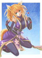Rule 34 | 10s, 1girl, animal ears, artist request, blonde hair, breasts, cleavage, dog days, fingerless gloves, fox ears, fox tail, gloves, green eyes, hair ribbon, japanese clothes, kneeling, large breasts, open mouth, ponytail, ribbon, solo, tail, thighhighs, yukikaze panettone