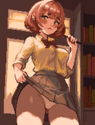 Rule 34 | 1girl, ai-assisted, blush, breasts, brown hair, clothes lift, earrings, green eyes, jewelry, large breasts, looking at viewer, panties, pantyshot, penny (stardew valley), shirt, short hair, skirt, skirt lift, smile, solo, stardew valley, thisislux, underwear
