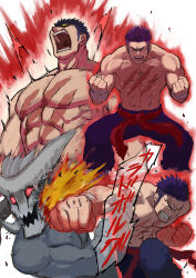 Rule 34 | 2boys, abs, aura, b suke, blue pants, closed eyes, demon, fate/grand order, fate (series), fergus mac roich (fate), glowing, glowing eyes, highres, male focus, multiple boys, muscular, muscular male, open mouth, pants, punching, scar, scar on chest, short hair, simple background, squatting, topless male, white background, yellow eyes
