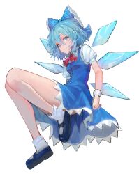 Rule 34 | 1girl, absurdres, ascot, bare legs, black footwear, blue dress, blue eyes, blue hair, blush, bow, cirno, dress, full body, hair between eyes, hair bow, highres, ice, ice wings, kaze 22, legs folded, light smile, looking at viewer, puffy short sleeves, puffy sleeves, red ascot, shirt, short sleeves, simple background, socks, solo, touhou, white background, white shirt, white socks, wings, wristband