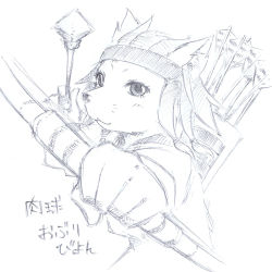 Rule 34 | 1other, :3, aiming, animal ears, arrow, bow (weapon), cat ears, commentary request, fantasy, furry, graphite (medium), headband, khajiit, looking at viewer, monochrome, mudamoro, sketch, the elder scrolls, the elder scrolls iv: oblivion, traditional media, translation request, upper body, weapon, white background