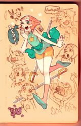 Rule 34 | 1girl, adventure time, animal, aqua eyes, aqua footwear, arms up, bare shoulders, bird, blush, clenched hands, closed mouth, collarbone, covered collarbone, dated, doodle, english text, closed eyes, fire, gem, highres, multiple views, open mouth, orange hair, pearl (steven universe), photo (medium), poch4n, pointy nose, sharp teeth, short hair, signature, sketch, sketchbook, smile, speech bubble, star-shaped pupils, star (symbol), steven universe, sword, symbol-shaped pupils, teeth, tongue, turtleneck, weapon