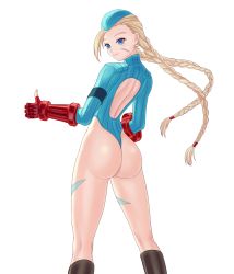 Rule 34 | 1girl, ahoge, artist request, ass, back cutout, blonde hair, blue eyes, blue leotard, blush, boots, braid, cammy white, closed mouth, clothing cutout, commentary request, facial scar, fingerless gloves, fingernails, from behind, garrison cap, gloves, hat, highleg, highleg leotard, highres, knee boots, leotard, long hair, long sleeves, ribbed leotard, scar, scar on cheek, scar on face, shadaloo dolls, shiny skin, simple background, smile, solo, street fighter, street fighter zero (series), thighs, thumbs up, twin braids, twintails, white background