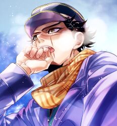 Rule 34 | 1boy, artist name, black hair, blue background, blue coat, blue headwear, breath, coat, golden kamuy, hand up, hat, highres, long sleeves, looking to the side, male focus, military hat, military uniform, open mouth, orange scarf, outdoors, scar, scar on face, scar on nose, scarf, short hair, signature, snow, solo, sugimoto saichi, tsuruko turuta, uniform, upper body, winter, yellow eyes