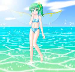 Rule 34 | 1girl, alternate costume, barefoot, bikini, daiyousei, embodiment of scarlet devil, female focus, flat chest, gradient background, green eyes, green hair, matching hair/eyes, ocean, oka takeshi, outdoors, side ponytail, sky, smile, solo, standing, striped bikini, striped clothes, swimsuit, touhou, water, wings