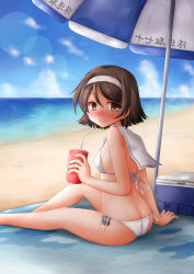 Rule 34 | 1girl, alternate costume, artist name, ass, bare arms, bare legs, bare shoulders, beach mat, beach umbrella, bikini, blush, brown eyes, brown hair, butt crack, cooler, cosplay, cup, day, diffraction spikes, disposable cup, drinking straw, eyebrows, hair between eyes, hairband, highres, holding, holding cup, honeycomb (pattern), honeycomb print, jewelry, kantai collection, kotowari (newtype kenkyuujo), lens flare, looking at viewer, looking back, matching hair/eyes, nose blush, ocean, outdoors, ring, sailor bikini, sailor collar, shiny skin, short hair, side-tie bikini bottom, sitting, sky, smile, solo, sweat, swimsuit, tanikaze (kancolle), towel, umbrella, water, wedding band, white bikini, white hairband, z3 max schultz (kancolle), z3 max schultz (kancolle) (cosplay)