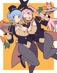 Rule 34 | 2girls, adapted costume, animal ears, arm around waist, black eyes, black footwear, blue hair, blunt bangs, breasts, bunny day, carrot, cleavage, do m kaeru, fake animal ears, feet out of frame, female focus, fire emblem, fire emblem: three houses, garreg mach monastery uniform, hilda valentine goneril, holding, holding tray, leotard, leotard under clothes, looking at viewer, looking to the side, marianne von edmund, matching hair/eyes, medium breasts, multiple girls, nintendo, one eye closed, open mouth, pantyhose, pink eyes, pink hair, playboy bunny, rabbit ears, smile, standing, standing on one leg, tray, waistcoat, wink
