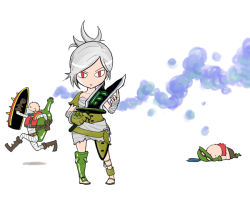 Rule 34 | 1girl, 2boys, bandages, bottle, broken, broken sword, broken weapon, chibi, face down, geppon, gloves, goggles, hat, league of legends, looking at viewer, lying, multiple boys, poison, red eyes, riven (league of legends), running, shield, silver hair, singed, sword, teemo, weapon, yordle