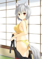 Rule 34 | 1girl, animal ears, bare arms, bare shoulders, black skirt, bluekalmia, blush, bra, cowboy shot, from side, highres, indoors, inubashiri momiji, looking at viewer, looking to the side, panties, parted lips, red eyes, short hair, silver hair, skirt, solo, tail, touhou, underwear, undressing, wolf ears, wolf tail, yellow bra, yellow panties