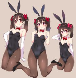 Rule 34 | 1girl, animal ears, armband, black footwear, black hair, black leotard, bow, bowtie, brown background, brown pantyhose, cowboy shot, detached collar, elbow gloves, expressions, fake animal ears, full body, gloves, high heels, highres, kurokawa makoto, leotard, looking at viewer, love live!, love live! school idol project, multiple views, pantyhose, playboy bunny, rabbit ears, rabbit tail, red eyes, red neckwear, simple background, sitting, strapless, strapless leotard, tail, twintails, wariza, white gloves, yazawa nico