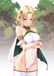 Rule 34 | 1girl, armlet, arms under breasts, bare shoulders, blonde hair, bracelet, breasts, cameltoe, cape, cleft of venus, closed mouth, collarbone, commentary request, covered navel, cowboy shot, crossed arms, earrings, elf, flower, forehead, gluteal fold, green eyes, hair flower, hair ornament, impossible clothes, impossible leotard, jewelry, kirishima satoshi, large breasts, leaf, leotard, looking at viewer, original, outdoors, parted bangs, pointy ears, short hair, sleeveless, smile, solo, thighhighs, thighs, tree, wedgie, white thighhighs