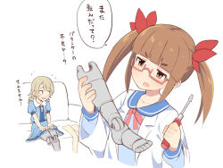 Rule 34 | 2girls, android, blue dress, blue sailor collar, blue shirt, blunt bangs, blush, bow, brown eyes, brown hair, coat, collarbone, collared shirt, couch, cropped torso, dress, flying sweatdrops, glasses, hair ribbon, head tilt, holding, idolmaster, idolmaster cinderella girls, ikebukuro akiha, lab coat, long hair, long sleeves, mechanical legs, mechanical parts, morikubo nono, multiple girls, on couch, open clothes, open coat, open mouth, pink-framed eyewear, puffy short sleeves, puffy sleeves, red bow, red ribbon, revision, ribbon, ringlets, sailor collar, screwdriver, semi-rimless eyewear, shirt, short sleeves, simple background, sitting, sweat, translated, twintails, uccow, under-rim eyewear, upper body, v-shaped eyebrows, white background