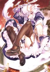 Rule 34 | 1girl, artist request, braid, female focus, full body, highres, izayoi sakuya, knife, maid, red eyes, short hair, silver hair, smile, solo, tenkuu sphere, embodiment of scarlet devil, thighhighs, throwing knife, touhou, twin braids, weapon