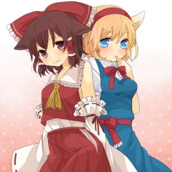 Rule 34 | 2girls, alice margatroid, animal ears, ascot, blonde hair, blue eyes, blush, bow, breasts, brown hair, cat ears, cat girl, detached sleeves, female focus, hair bow, hair tubes, hairband, hakurei reimu, hand to own mouth, japanese clothes, kemonomimi mode, looking at viewer, miko, multiple girls, polka dot, polka dot background, short hair, sidelocks, small breasts, touhou, tsuno no hito