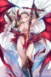 Rule 34 | 1girl, aonaga heri, armor, armpits, bare shoulders, bottomless, camisole, collarbone, covering nipples, covering privates, dark jeanne, demon wings, detached sleeves, feather hair ornament, feathers, gauntlets, granblue fantasy, greaves, groin, hair ornament, hairband, jeanne d&#039;arc (granblue fantasy), long hair, looking at viewer, navel, no panties, red eyes, skirt, solo, sword, weapon, white hair, wings