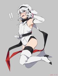 Rule 34 | !, !!, 1girl, bare shoulders, belt, black belt, blush, boots, elbow gloves, eye mask, gloves, grey hair, hair between eyes, hand up, highres, hooded leotard, leotard, looking at viewer, short hair, shy (character), shy (series), simple background, solo, takatisakana, tearing up, teeth, thigh boots, thighhighs, upper teeth only, white gloves, white hood, white leotard, white mask