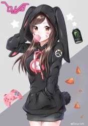 Rule 34 | 1girl, animal ears, animal hood, breasts, brown eyes, brown hair, bubble, blowing bubbles, can, character name, chewing gum, chips (food), controller, cowboy shot, d.va (overwatch), doritos, eyebrows, facepaint, facial mark, fake animal ears, food, game controller, gamepad, hand in pocket, hand on headwear, hand on own head, highres, hood, long hair, medium breasts, monster energy, neck ribbon, overwatch, overwatch 1, pink ribbon, rabbit ears, rabbit hood, rabbit tail, ribbon, sidelocks, solo, tail, tl astral7536, twitter username, ubi (ekdus6080), whisker markings