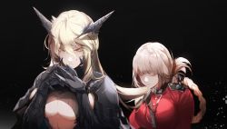 Rule 34 | 2girls, armor, artoria pendragon (fate), artoria pendragon (lancer alter) (fate), black armor, black background, black ribbon, blonde hair, braid, breasts, closed eyes, fate/grand order, fate (series), florence nightingale (fate), frown, gauntlets, gendou pose, hair between eyes, hair down, hair ribbon, hands clasped, horns, kissing hair, large breasts, long hair, multiple girls, no-kan, own hands clasped, own hands together, pink hair, ribbon, underboob, yellow eyes, yuri