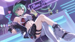 Rule 34 | 1girl, absurdres, bare legs, bare shoulders, baseball cap, black hat, black jacket, bottle, breasts, camisole, crop top, crossed legs, fishnet pantyhose, fishnets, gomashio ponz, green hair, grin, hat, high heels, highres, holding, holding bottle, indoors, jacket, looking at viewer, medium breasts, midriff, navel, off shoulder, open clothes, open jacket, pantyhose, purple eyes, second-party source, single leg pantyhose, sitting, smile, solo, stomach, thigh strap, virtual youtuber, vspo!, white footwear, white pantyhose, yakumo beni