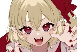 Rule 34 | 1girl, :d, blonde hair, claw pose, close-up, colored eyelashes, commentary, crossed bangs, eyelashes, fangs, flandre scarlet, hair between eyes, hair ribbon, hands up, highres, light blush, medium hair, nail polish, open mouth, paragasu (parags112), pointy ears, red eyes, red nails, red pupils, red ribbon, ribbon, side ponytail, simple background, slit pupils, smile, solo, teeth, tongue, touhou, tsurime, v-shaped eyebrows, white background