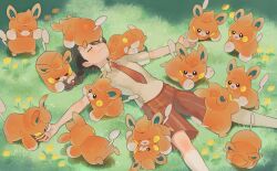Rule 34 | 1girl, braid, brown hair, closed eyes, closed mouth, collared shirt, commentary request, creatures (company), day, flower, furukawa raku, game freak, grass, highres, juliana (pokemon), lying, necktie, nintendo, on back, on head, orange necktie, orange shorts, outdoors, outstretched arms, pawmi, pokemon, pokemon (creature), pokemon on head, pokemon sv, shirt, short sleeves, shorts, smile, yellow flower